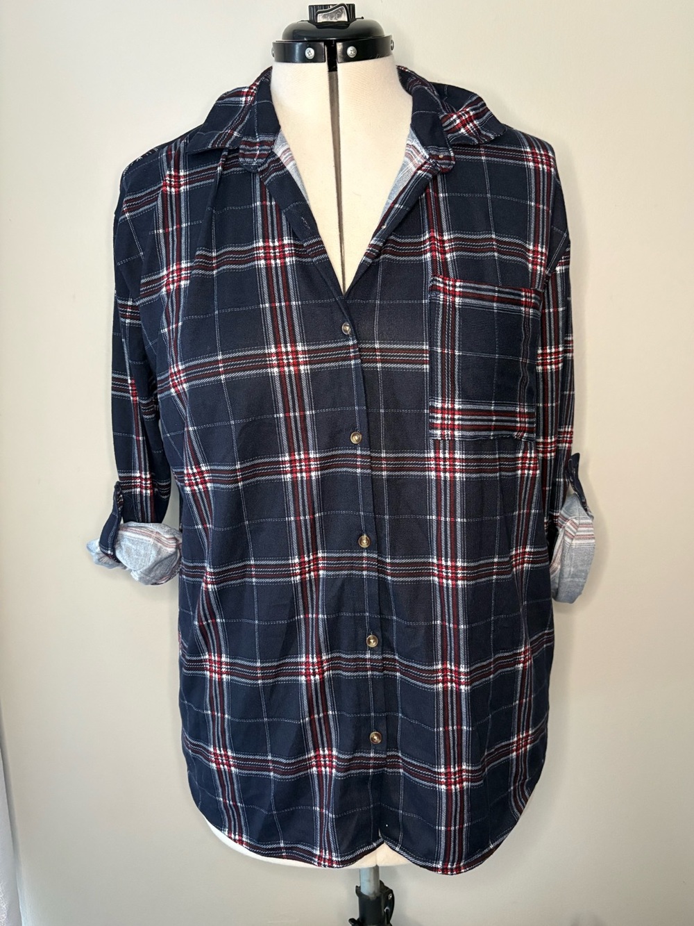 Eden & Olivia Navy Plaid Button-Down Shirt with Red & White Accents